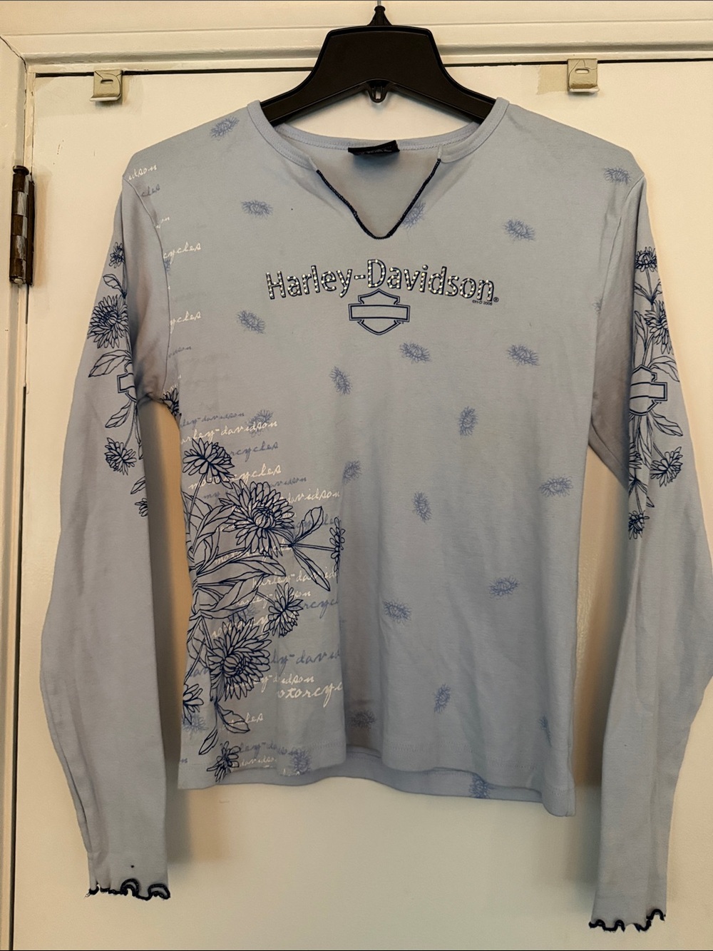 Harley-Davidson Light Blue Floral Long Sleeve Shirt with Navy Print